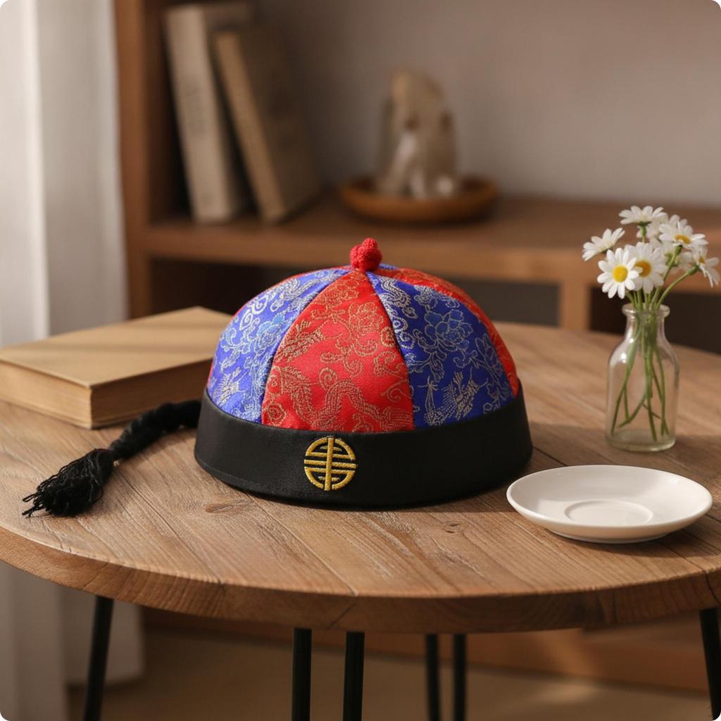 Chinese Costume Cap Traditional Ancient Satin Brocade Hat with Tassel for Entertainers,