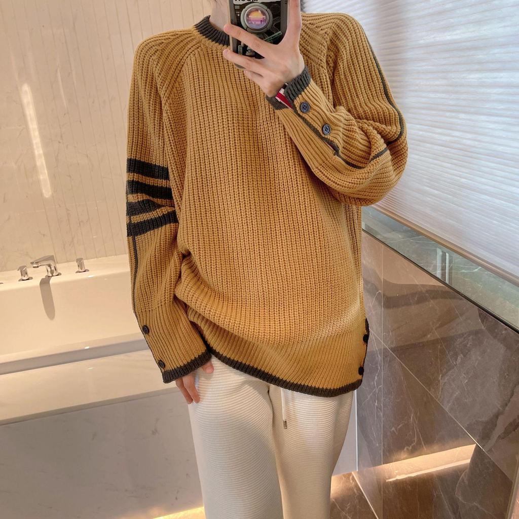 Women's Four-Bar Knit Sweatshirt: Casual Round Neck Pullover for Couples, Trendy Autumn Outerwear