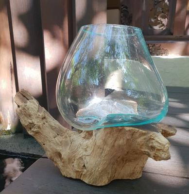 Melted Glass Bowl On Wood Stand