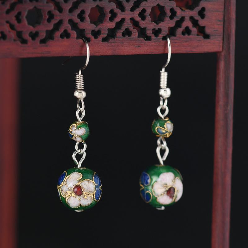 Chinese Cloisonne Retro Round Bead Earrings Handmade Silk Enamel Earrings Simple Antique Cheongsam Earrings Female 12mm