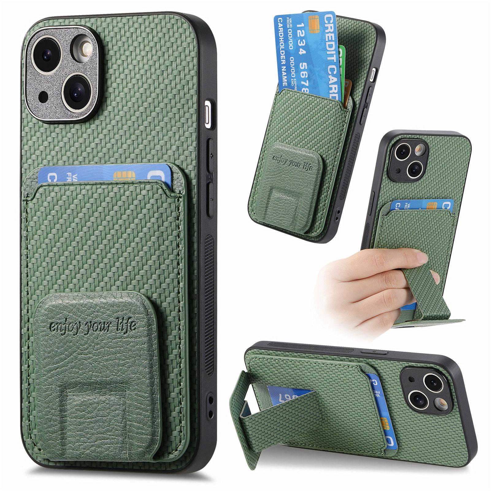 

C1-11 for iPhone 13 6.1 inch Case Leather Coated TPU Phone Protector with Kickstand and Card Slot Green