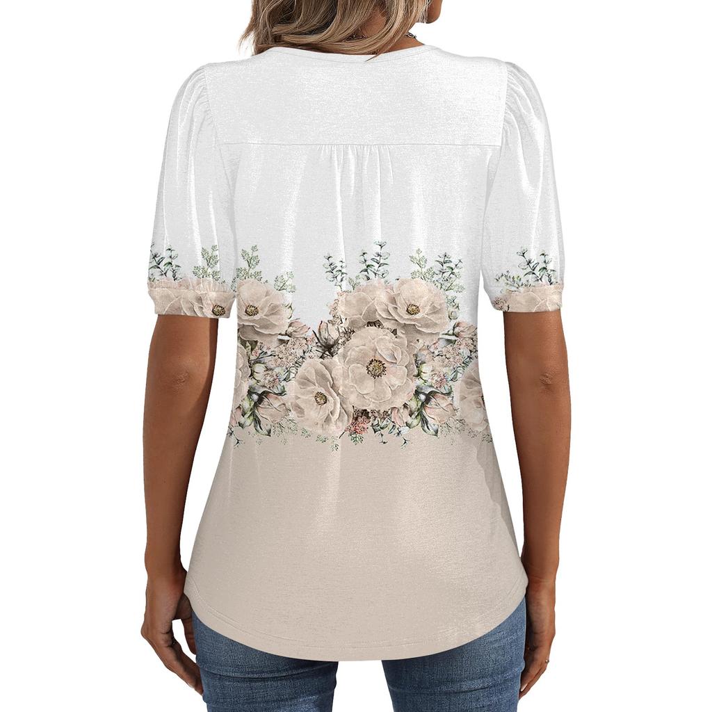 Women's Puff Short Sleeve Tunic Tops Pleated Neck Blouses Casual Loose Spring And Summer T-Shirts