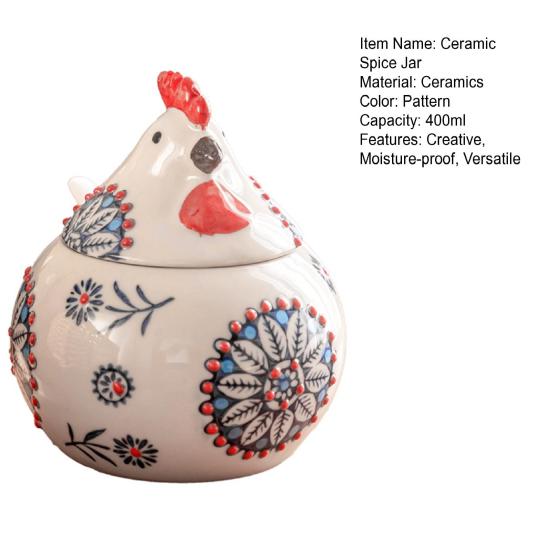 Ceramic Spice Jar 400ml Rooster Shape Cookie Jar with Lid Hand-Painted Floral Pattern Kitchen Container for Salt Sugar Pepper And Snacks Storage