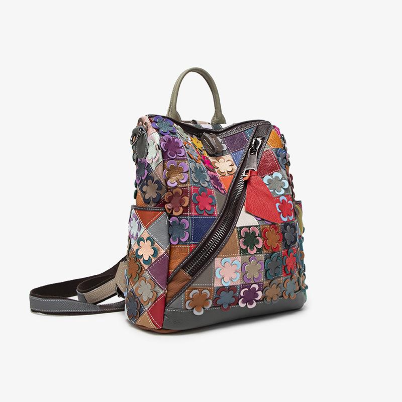 Bohemian Trendy Leather Handmade Bag, Three Dimensional Flower Romantic Backpack, Original Design