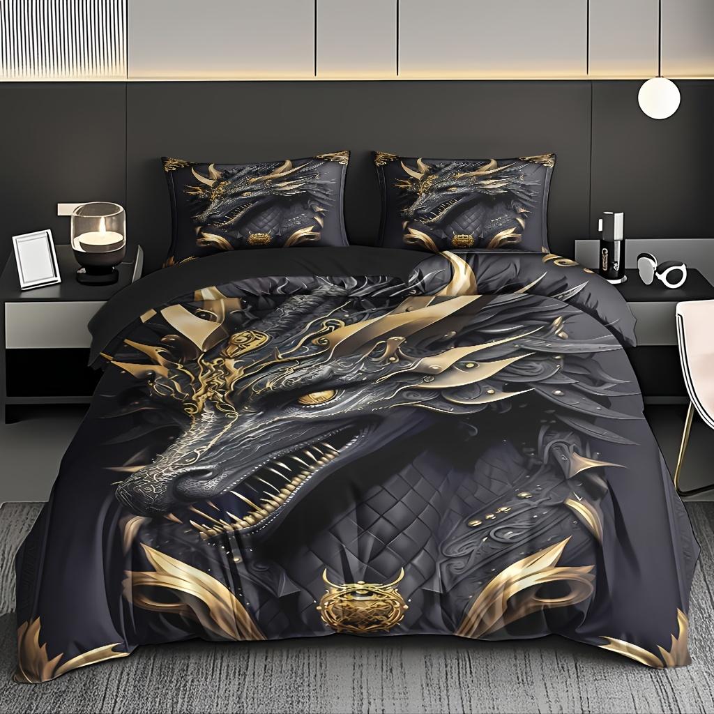 

3Pcs Dragon Theme Bedding Set, Soft High-Definition Digital Print Duvet Cover Set Polyester, Majestic Golden Design Duvet Cover Set&EU Single(135x200cm)
