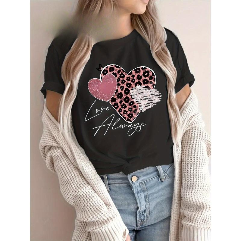 

European Size Plus Size - Glam Hearts And Love Always Design Plus Size Women S Printed Casual Round Neck Short Sleeve Top 4XL чорний