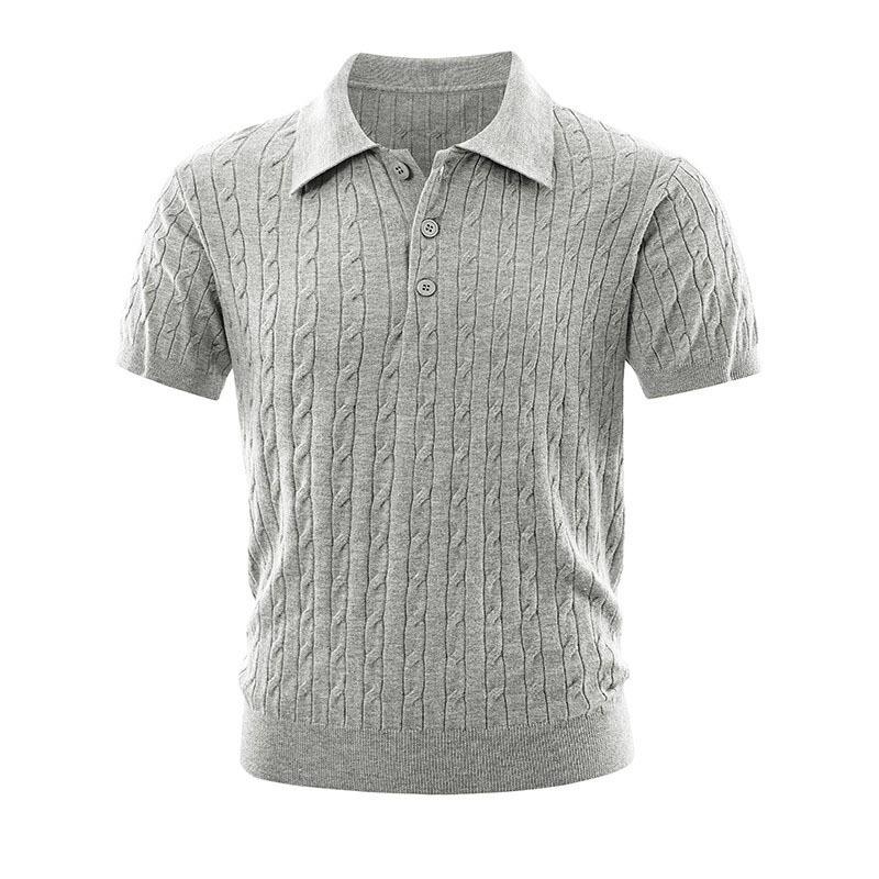 Men Business Casual Cable Knit Short Sleeve Collared Polo Shirt