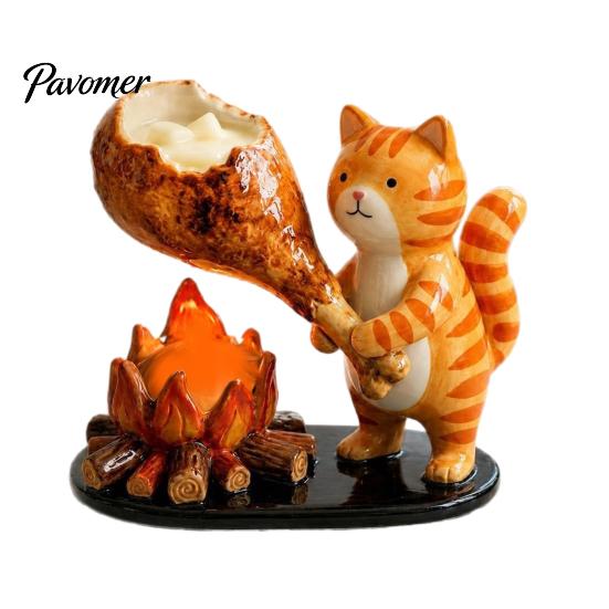 Woodland Candle Decor Campfire Animal Tealight Holder, Durable Resin with Cat Miniature Fox And Dachshund Figurines, Warm Cozy Atmosphere Decorative