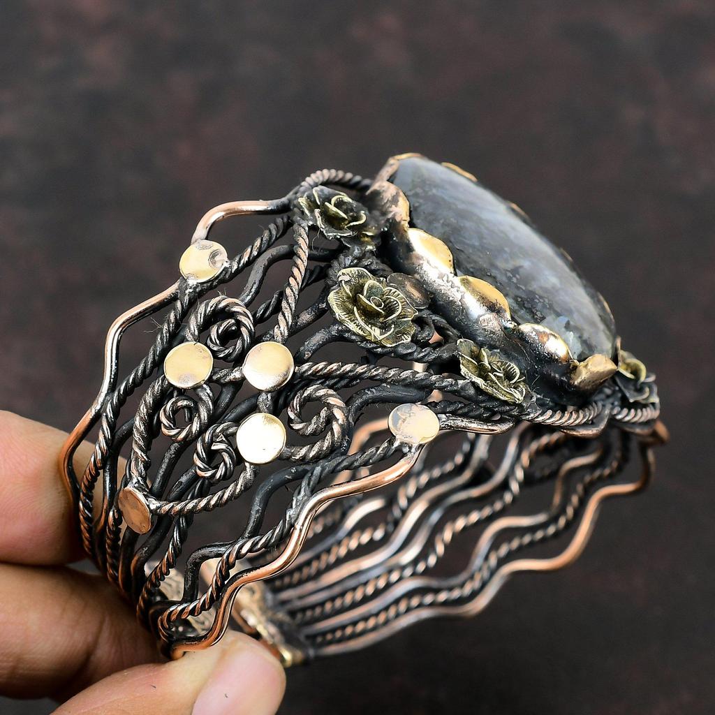 Larvikite Bangle Copper Wire Wrapped Cuff Bracelet Gemstone Bangle Handmade Unique Bracelet Adjustable Cuff Bracelet Copper Jewelry For Gift