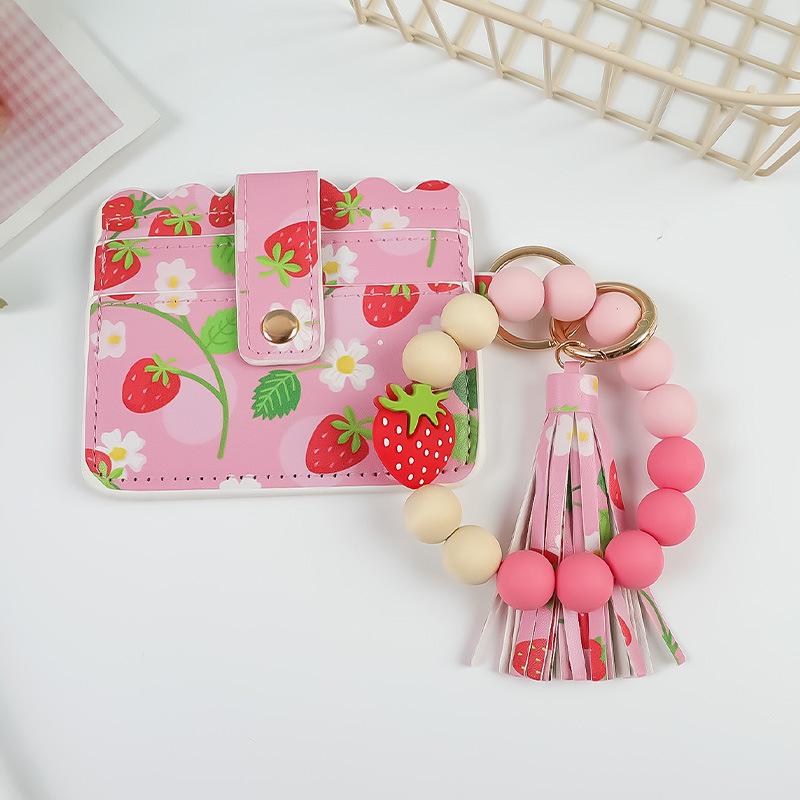 Fruit Print PU Card Holder with Beaded Keychain & Bracelet Wallet
