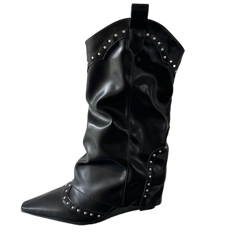 Pointed Rivet Niche Wedge Heel Pants Boots Women's 2025 Pointed Temperament French V-mouth Spice Girl Skinny Knight Boots.