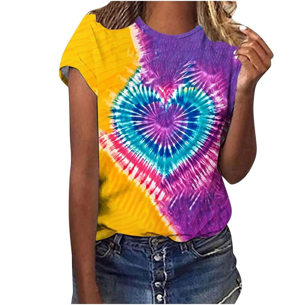Heart Graphic 3D Print Tie Dye T-Shirts Women O-Neck Short Sleeve T Shirt Streetwear Y2k Harajuku Tees Basic Top Female Clothing