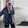 Tassel Patchwork Printed Cardigan Women Geometric Patterns Belts V-neck Long Sleeve Knitted Street Lady Sweater 2026 Autumn Coat