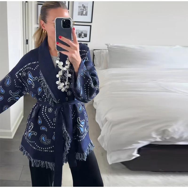 Tassel Patchwork Printed Cardigan Women Geometric Patterns Belts V-neck Long Sleeve Knitted Street Lady Sweater 2026 Autumn Coat