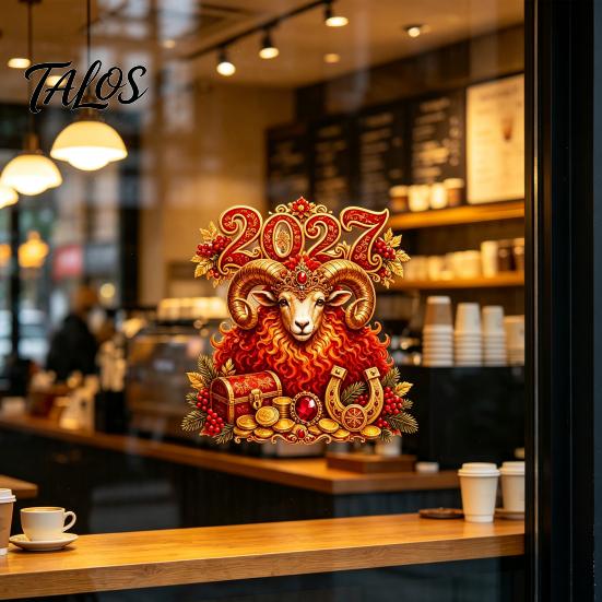 Seasonal Glass Window Ornament 2027 New Year Cling, Red And Gold Zodiac Sheep Static Decals for Doors, Non-adhesive Reusable Sticker Home Office Shop