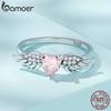 BAMOER 925 Silver Angel Wing Ring for Women Retro Feather Pink Heart Zircon Eternity Band Ring Anniversary Jewelry Gift
