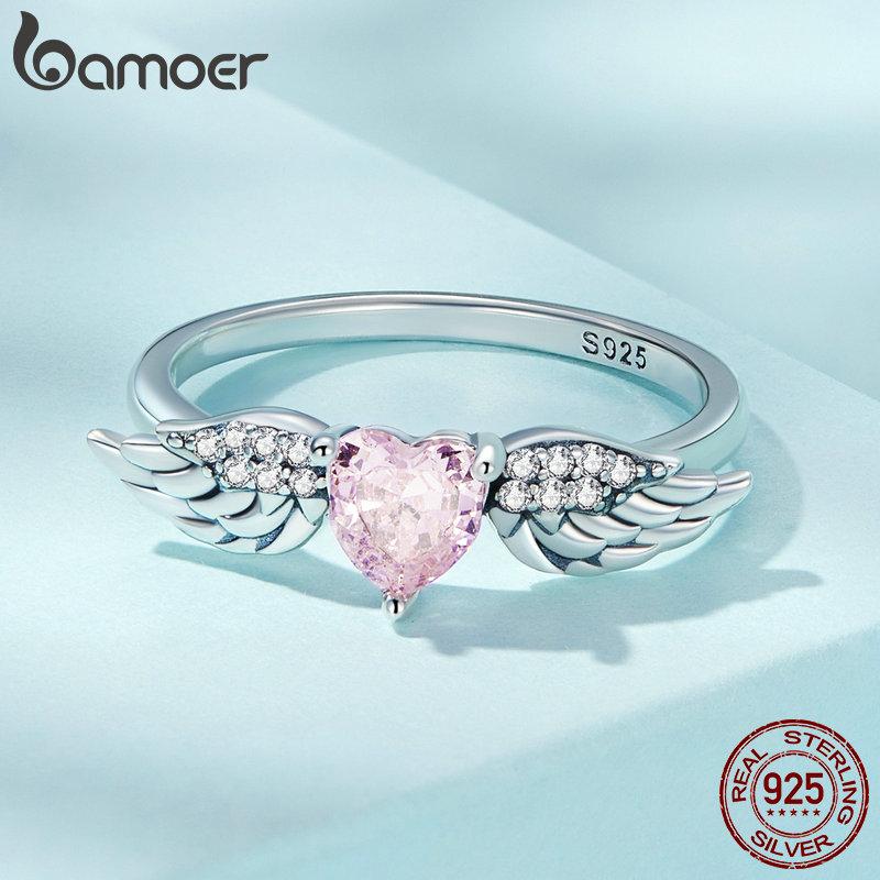 BAMOER 925 Silver Angel Wing Ring for Women Retro Feather Pink Heart Zircon Eternity Band Ring Anniversary Jewelry Gift
