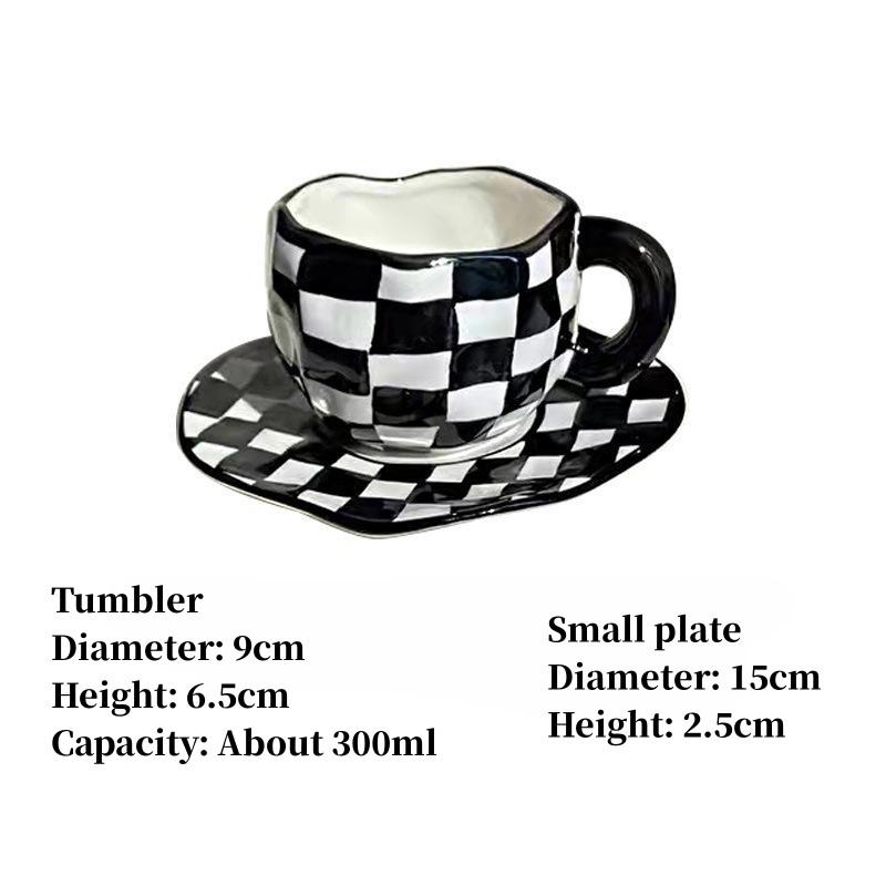 Hand Painted Checkerboard Coffee Cup and Saucer Underglaze Ceramic Personalized Tea Cup Set Microwave Dishwasher Safe Cute Gifts