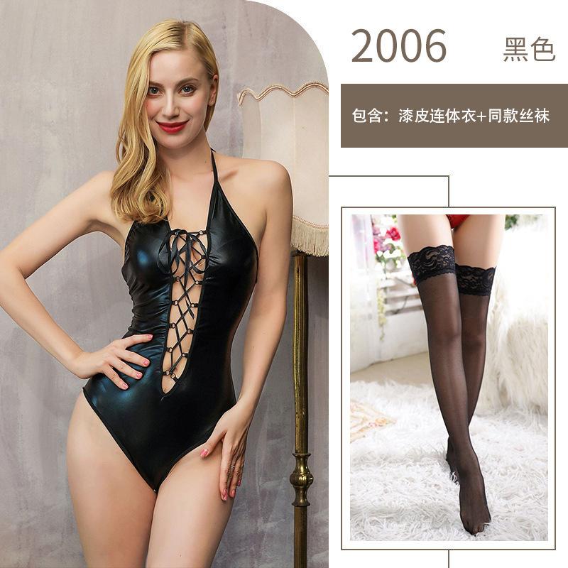 Sex Underwear One-piece Crotch Nightclub Performance Uniform Neck Strap Patent Leather Game Character Clothes