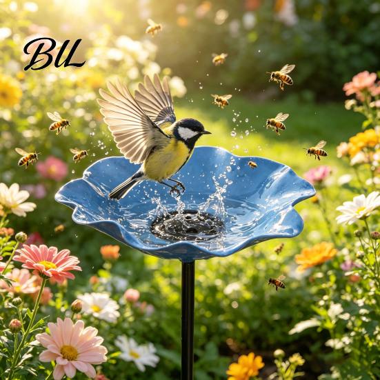 Bee Watering Station Garden Metal Flower Stake Decorative Bird Bath Ground Insert Butterfly Drinking Bowl for Backyard Pollinators Wild Birds