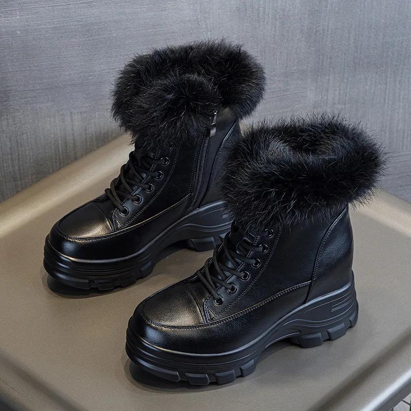 Fashion 9CM Genuine Leather Fashion Women Ankle Booties Platform Wedge Flats Winter Plush Autumn Warm Boots Spring Shoes Chimney