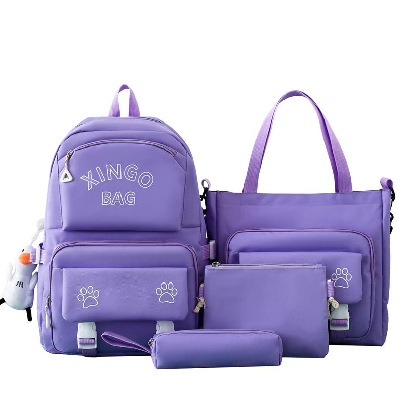 Рюкзак из четырех предметов, школьный рюкзак, женский рюкзак с буквенным принтом, холст, рюкзак фиолетовый