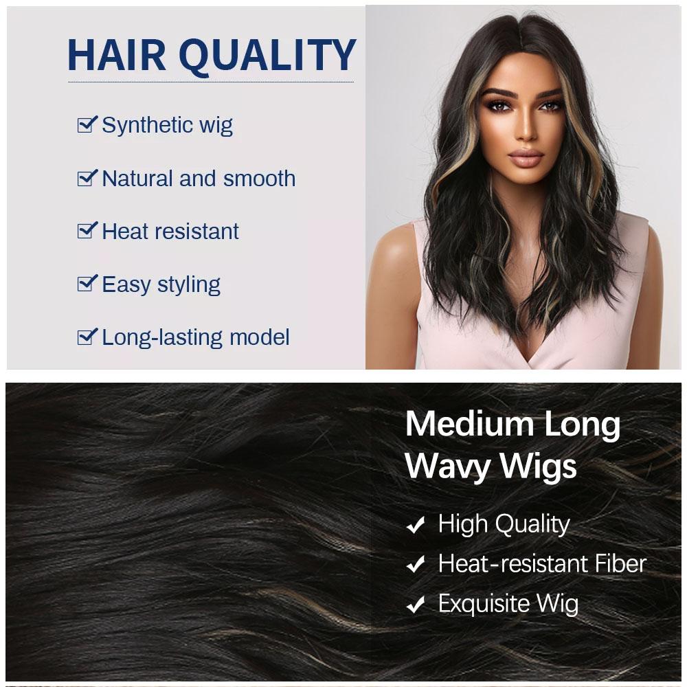 Black Synthetic Hair Wig with Golden Highlights Medium Long Wavy Wigs for Women Heat Resistant Cosplay Daily Balayage Fake Hair