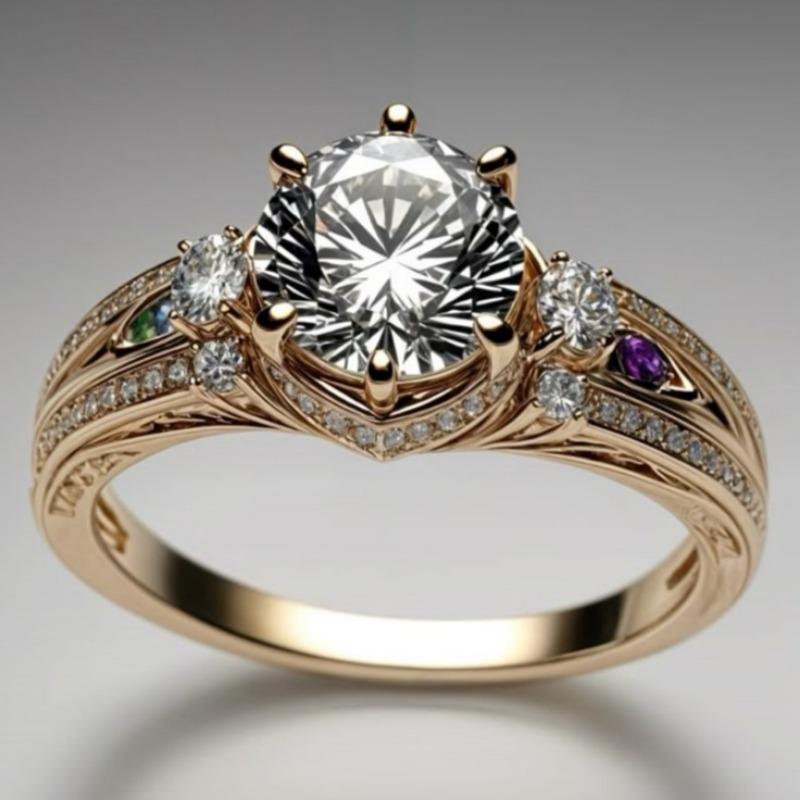 Elegant Inlaid Shiny Synthetic Zirconia Golden Plated Classic Wedding Ring for Women Fashion Vintage Banquet Jewelry Accessories