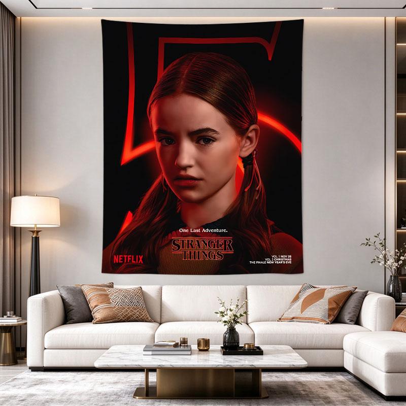 Stranger Things neon, red-toned of a girl's face lit by glowing strings, ONE LAST ADVENTURE text, Netflix series graphic, wall hanging