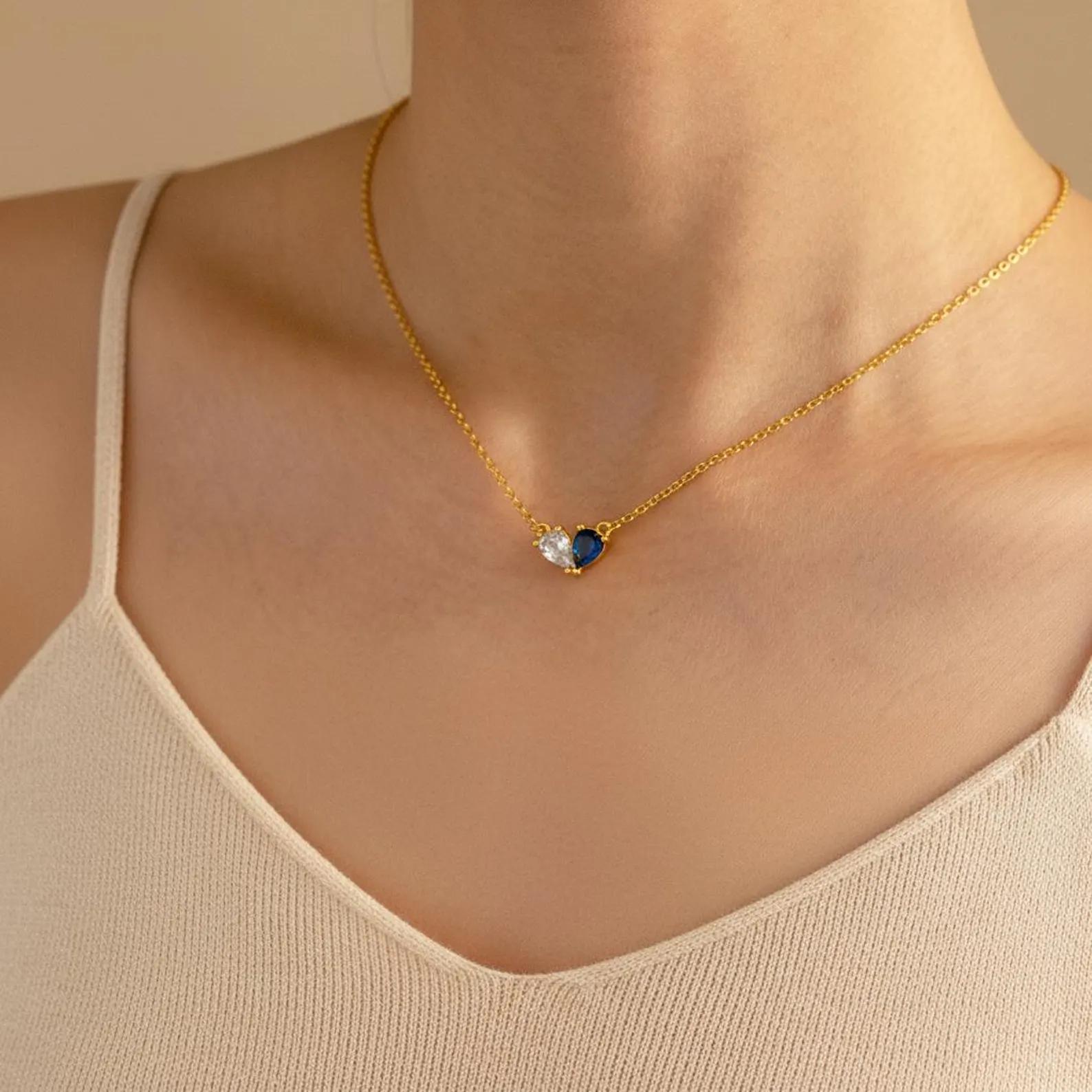 

Custom Heart Birthstone Necklace For Women Water Droplet DIY 2-4 Birthstones Charm Gold Color Stainless Steel Mama Jewelry Gift Silver