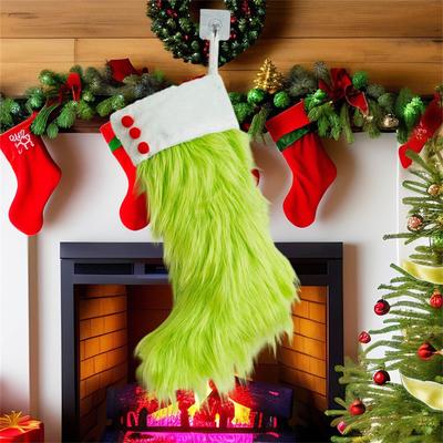Christmas Socks, Green Plush Christmas Socks, Fireplace Stairs Hanging Decoration, Imitation Plush Christmas Snack Candy Bag