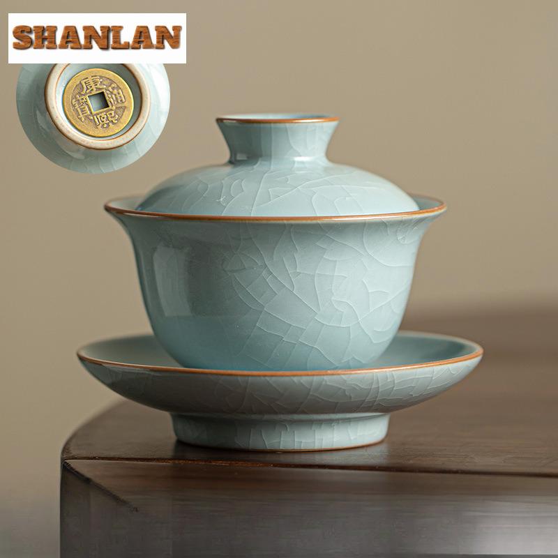 145ml Azure Ru Kiln Ice Cracked Glaze Gaiwan Handmade Copper Coin Base Tea Tureen Tea Brewing Cover Bowl Teaware Decoration Gift