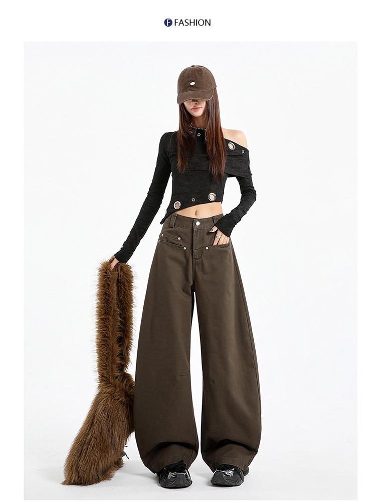 Women's Coffee Wide-Leg Jeans: Curved Cut, 2025 Fall/Winter, Loose, Slimming, Versatile, Floor-Length.