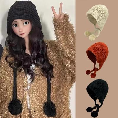 Autumn And Winter Women'S Knitted Black Hat, Baotou Hat, Warm And Cute Big Head Enclosure Ear Coarse Woolen Hat
