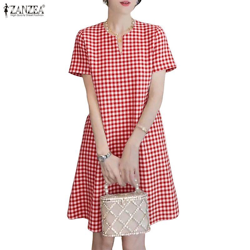 ZANZEA Women Casual V-neck Summer Grid Print Short Sleeve Dress