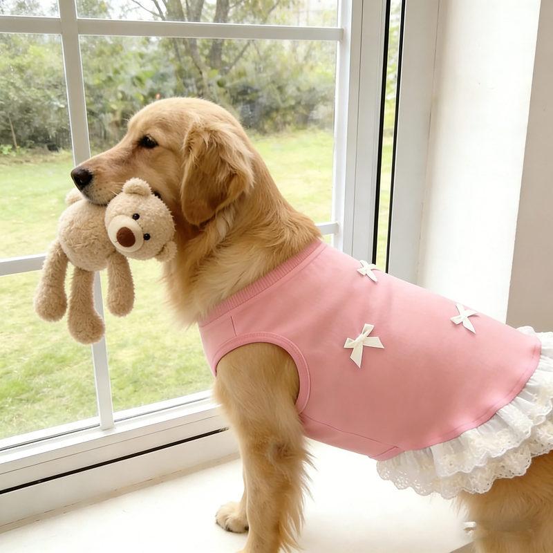 Spring Summer Thin Breathable Pink Blue Bow and Lace Decorative Dress Suitable for Medium and Large Pet Dog Clothing