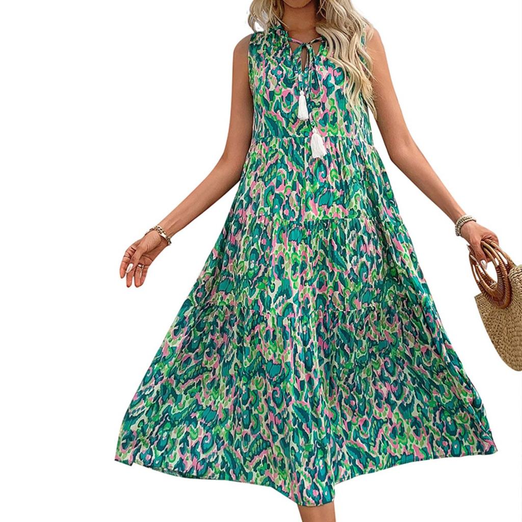 New European American Style Abstract Print Midi Dress, Summer Beach Vacation Casual Dress for Women