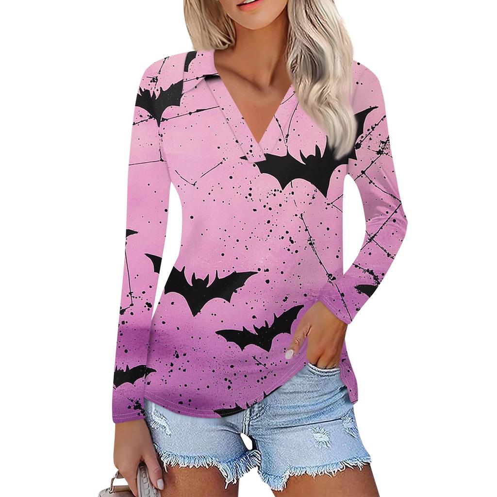 Dámská letní móda ležérní košile s potištěným výstřihem do V s dlouhým rukávem