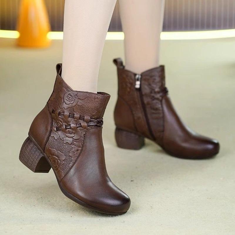 Fleece Mid-heel Women's Boots, Soft Leather, New Autumn and Winter Thick-heeled Shoes