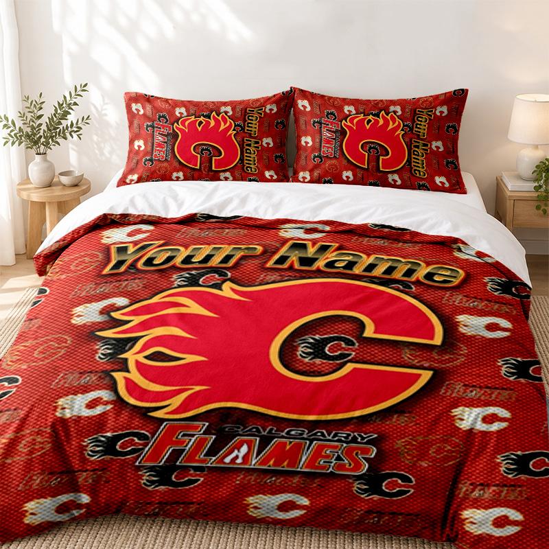 Calgary Flames Custom Name 3pc set Perfect for bedroom use Comfortable bedding set includes a duvet cover and two pillowcases Ideal birthday or Christ