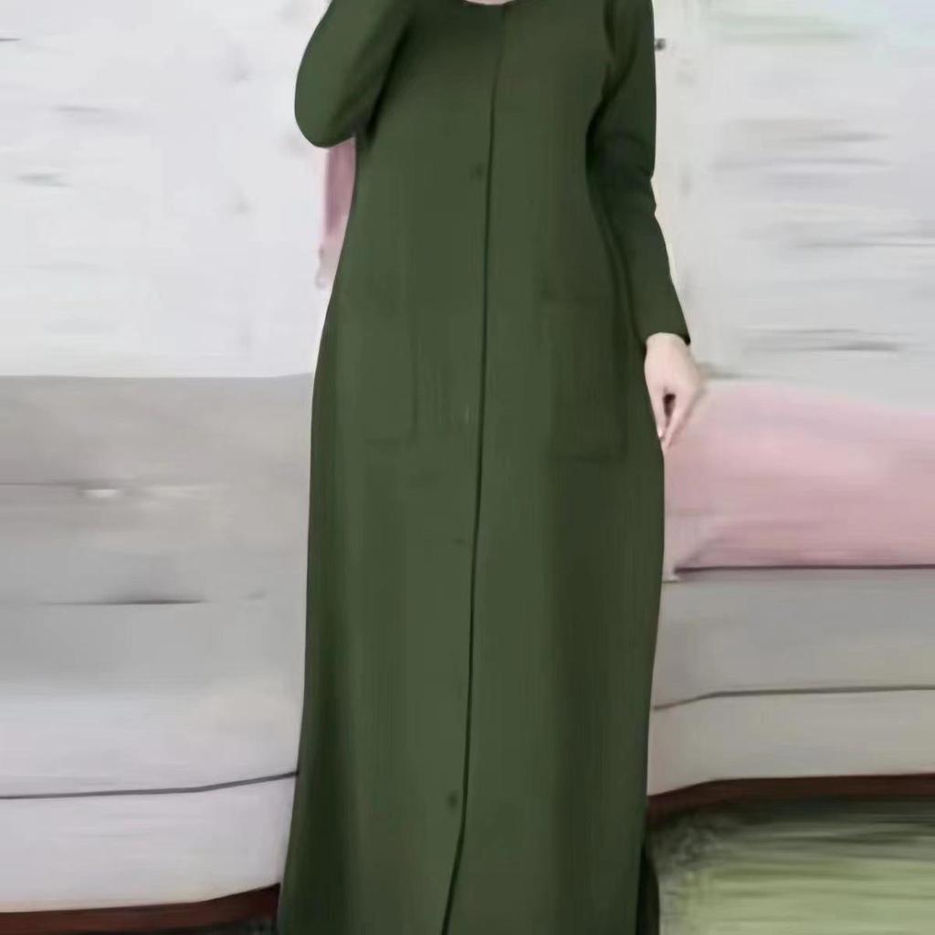 Middle East Muslim Solid Color Long Sleeve Loose Fit Round Neck Shirt Dress
