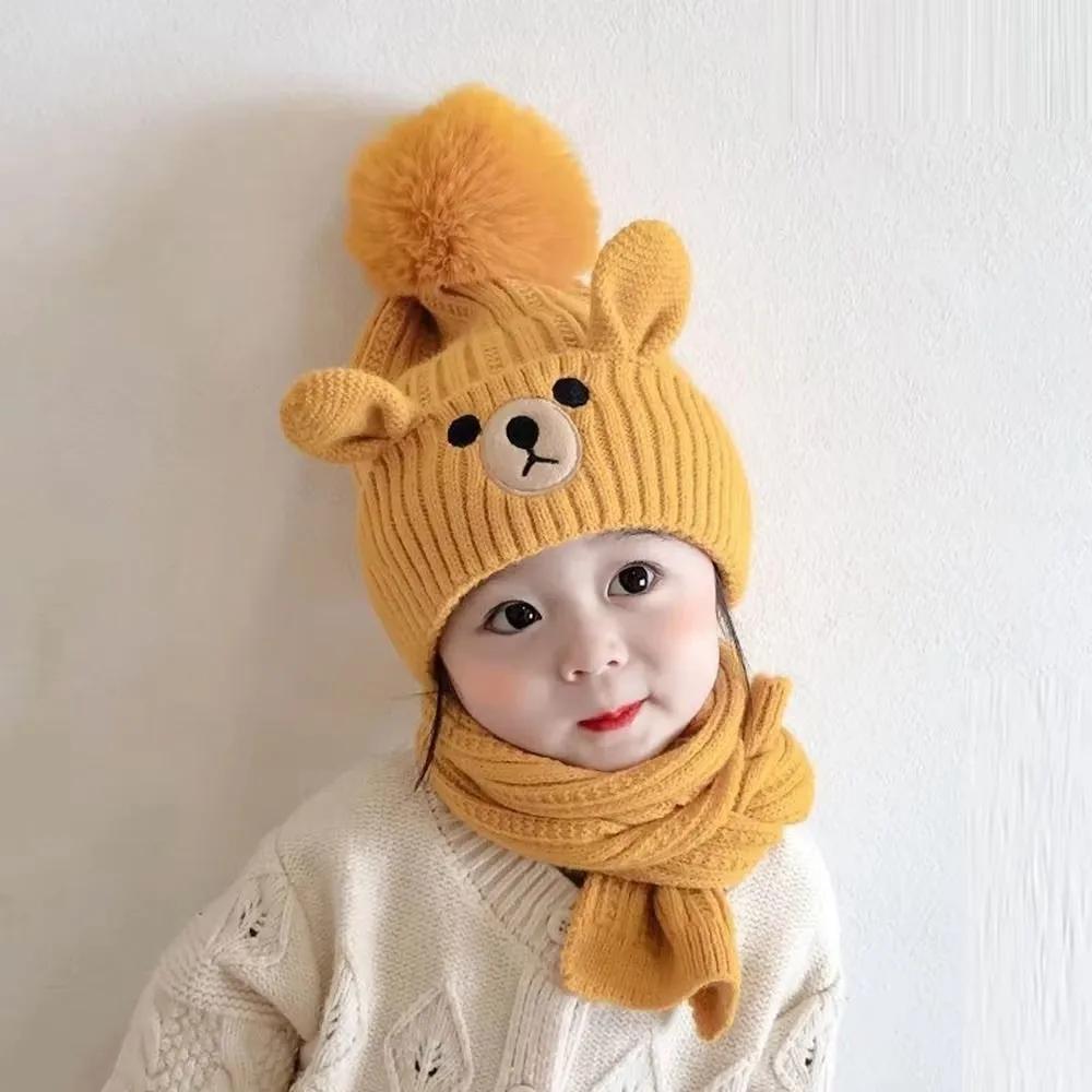 Bear Knitted Hat Winter Beanie Hat Scarf Set Warm Protection Knitted Children Winter Hat & Scarf Set Knit Beanie Winter Hats