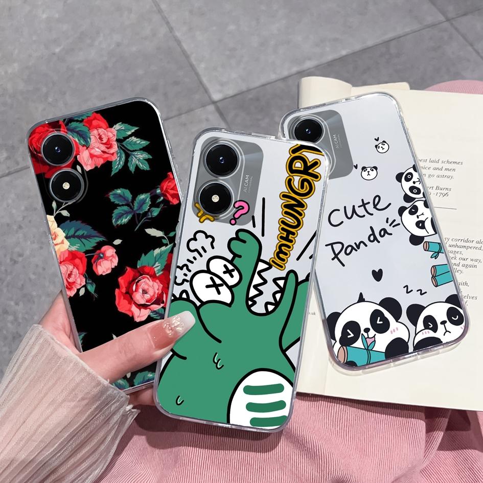 Phone Case For Vivo Y20 Y27 Y36 Y02S Y10 Y15 Y21 Y33 Cover Cute Panda Shockproof Clear Camera Protection Matte Soft Silicone Housing For Vivo Bumper