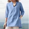 Women's Solid Color Cotton-Linen Pullover Shirt - Autumn 2021, 3/4 Sleeve, Stand-up Collar