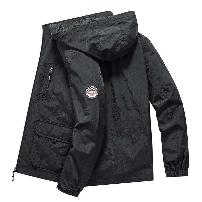 Spring Autumn Loose Zipper Hooded Windbreaker Men Casual Thin Trendy Jacket Outwear Coat For Daily Mountaineering Outdoor Activities