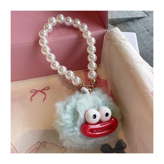 Large Mouth Cartoon Plush Doll Keychain With Faux Pearls Lanyard
