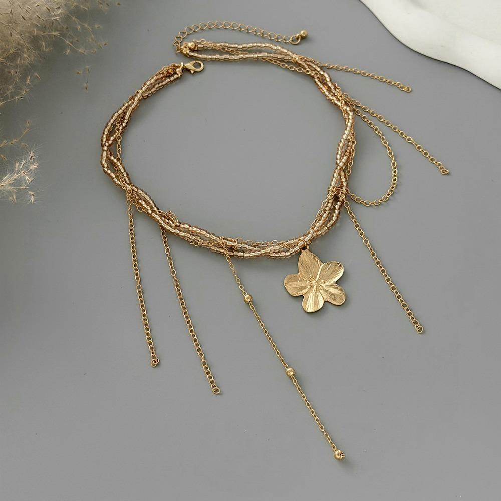 Temperament Creative Gold Color Multi Strand Beaded Flowe Tassel Pendant Necklace for Women Fashion Ins Style Party Jewelry Gift