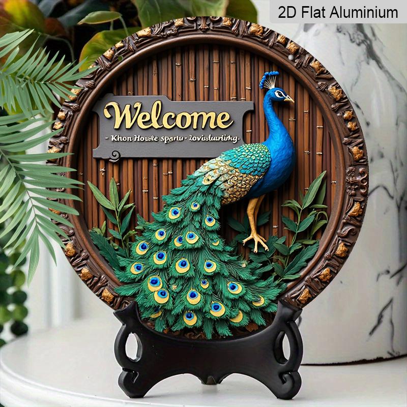 2D Flat, 1pc Round Aluminum Peacock Welcome Metal Sign, Tropical Bamboo Wall Plaque-Unique Design, Waterproof & Rustproof, Perfect for Front Door