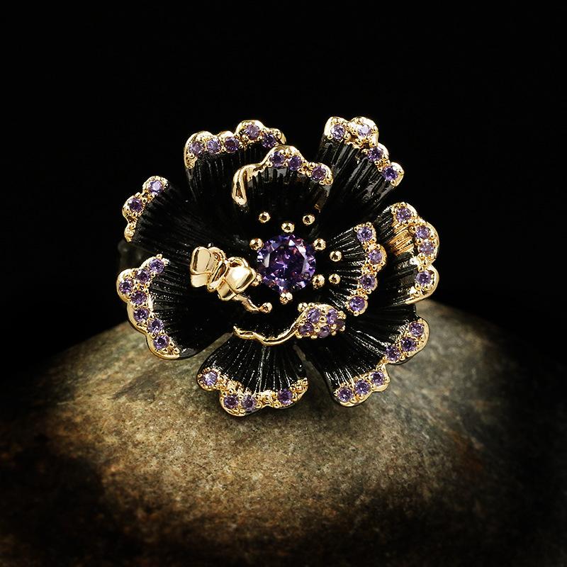 Vintage Jewelry  Sterling Silver Baroque sunflower Rings for Women Wedding Engagement Bride Black Gold Fine Jewelry
