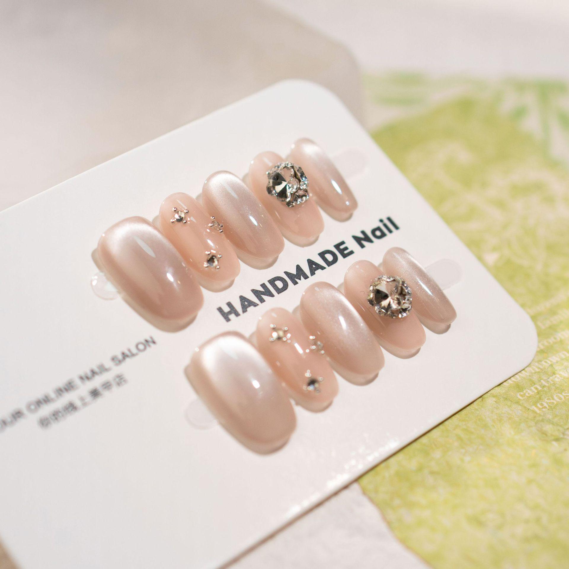Nude Pink Cat Eye Press-On Nails, Medium-Short Length, Handmade with Bling Diamond Accents, Skin-Brightening Spring/Summer Gentle Style Nail Art.
